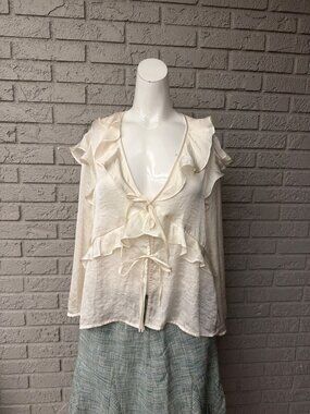 Pleione Women’s Ruffle Tie Front Long Sleeve Blouse Size L